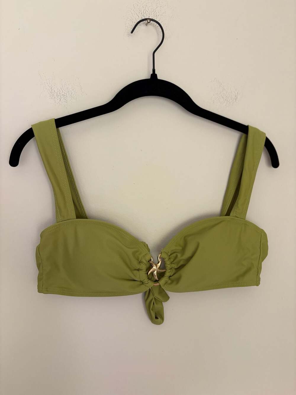 Women’s Beachy Green Ruched Bikini Top with Gold Starfish Summer Sz M